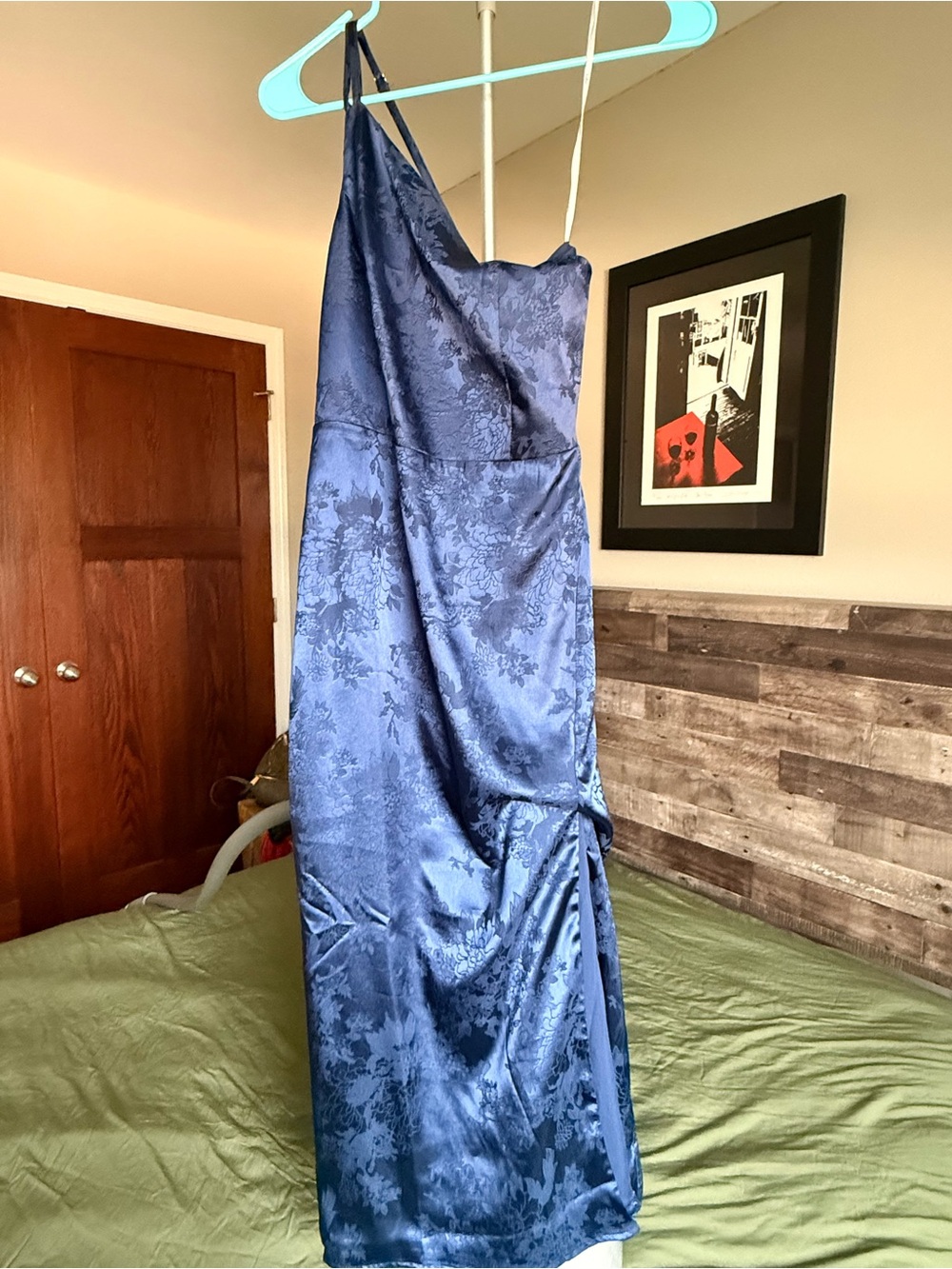 Lulu's Navy Blue Satin Floral-Texture Slip Dress